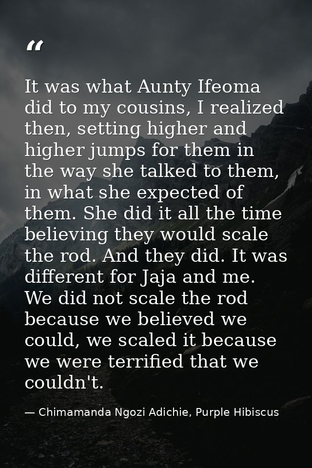 It was what Aunty Ifeoma did to my cousins, I realized then, setting higher and higher jumps for them in the way she tal — Chimamanda Ngozi Adichie, Purple Hibiscus