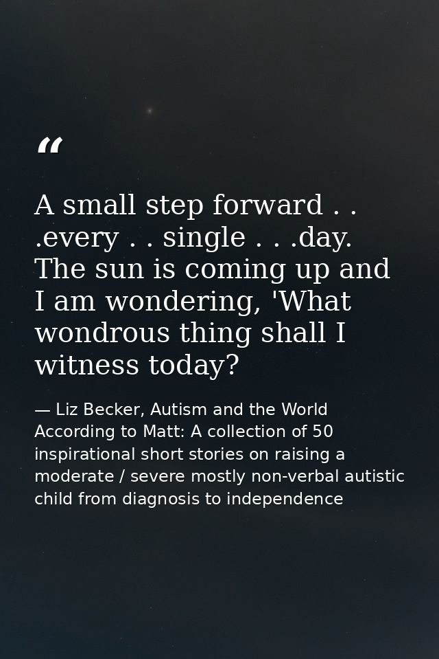 A small step forward . . .every . . single . . .day. The sun is coming up and I am wondering, 'What wondrous thing shall — Liz Becker, Autism and the World According to Matt: A collection of 50 inspirational short stories on raising a moderate / severe mostly non-verbal autistic child from diagnosis to independence