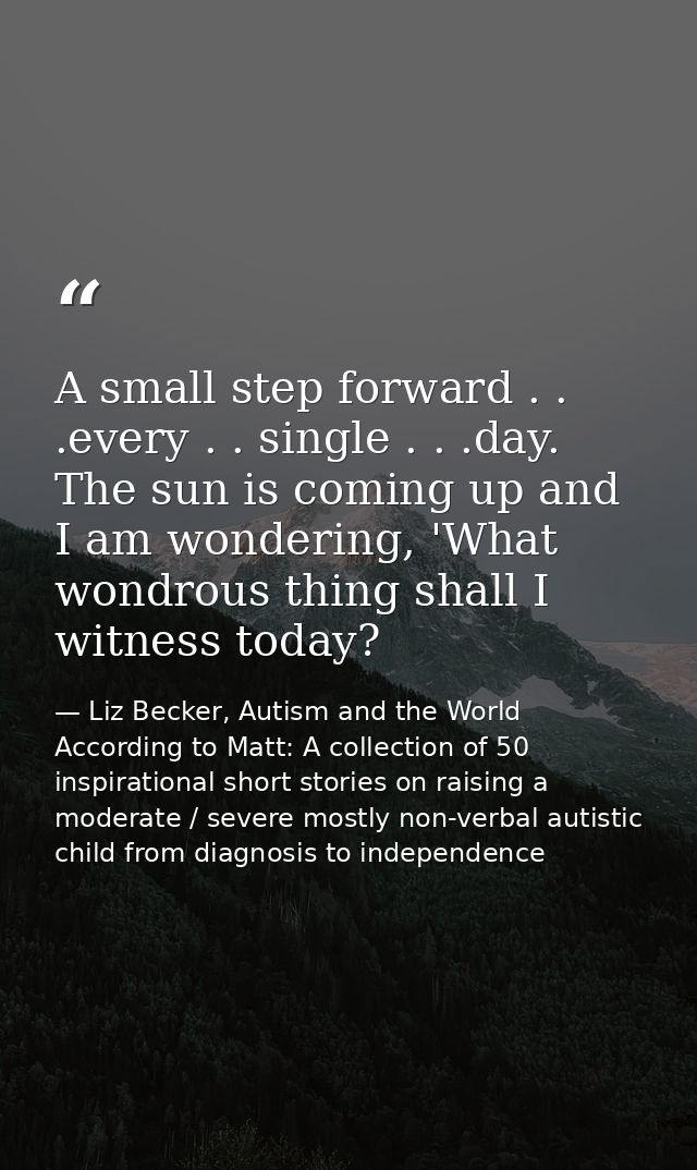 A small step forward . . .every . . single . . .day. The sun is coming up and I am wondering, 'What wondrous thing shall — Liz Becker, Autism and the World According to Matt: A collection of 50 inspirational short stories on raising a moderate / severe mostly non-verbal autistic child from diagnosis to independence