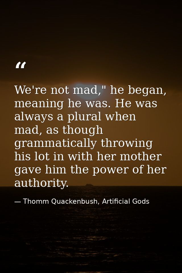 We're not mad," he began, meaning he was. He was always a plural when mad, as though grammatically throwing his lot in w — Thomm Quackenbush, Artificial Gods
