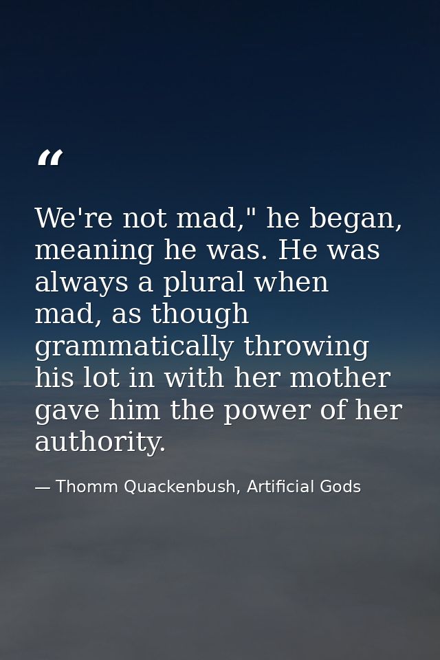 We're not mad," he began, meaning he was. He was always a plural when mad, as though grammatically throwing his lot in w — Thomm Quackenbush, Artificial Gods
