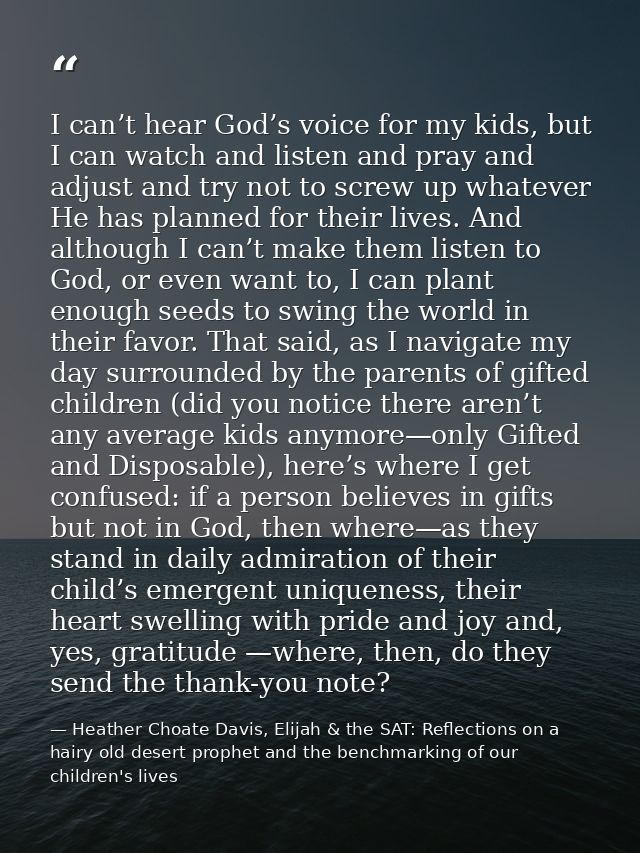I can’t hear God’s voice for my kids, but I can watch and listen and pray and adjust and try not to screw up whatever He — Heather Choate Davis, Elijah & the SAT: Reflections on a hairy old desert prophet and the benchmarking of our children's lives