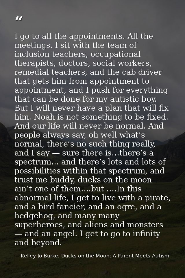I go to all the appointments. All the meetings. I sit with the team of inclusion teachers, occupational therapists, doct — Kelley Jo Burke, Ducks on the Moon: A Parent Meets Autism