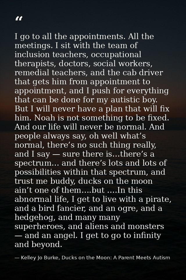 I go to all the appointments. All the meetings. I sit with the team of inclusion teachers, occupational therapists, doct — Kelley Jo Burke, Ducks on the Moon: A Parent Meets Autism