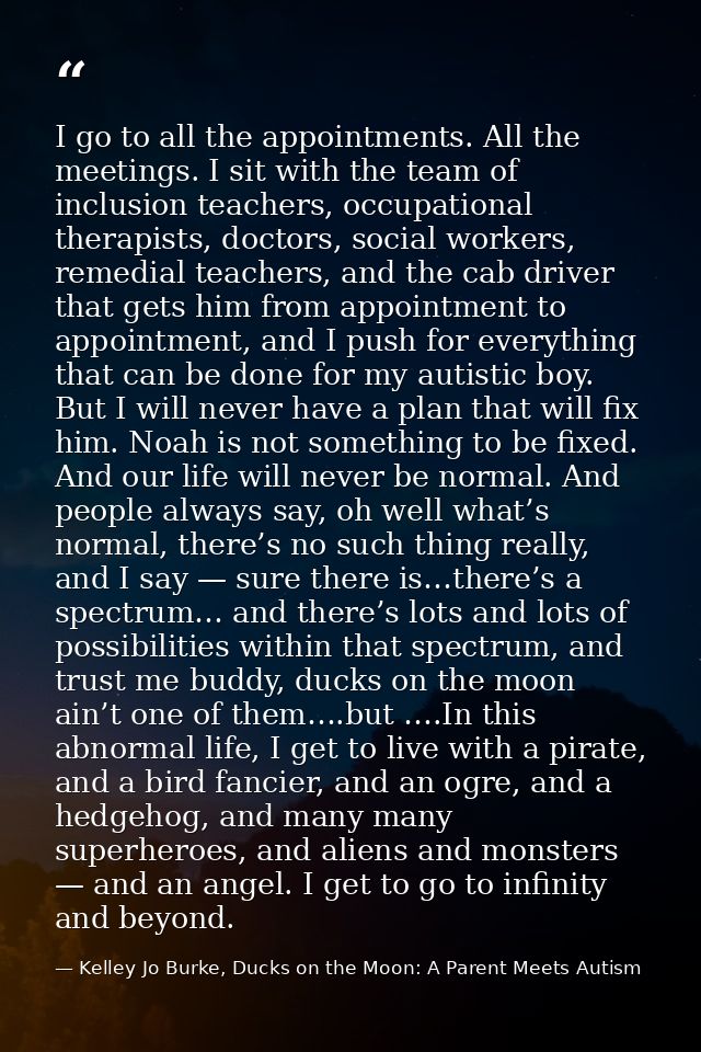 I go to all the appointments. All the meetings. I sit with the team of inclusion teachers, occupational therapists, doct — Kelley Jo Burke, Ducks on the Moon: A Parent Meets Autism