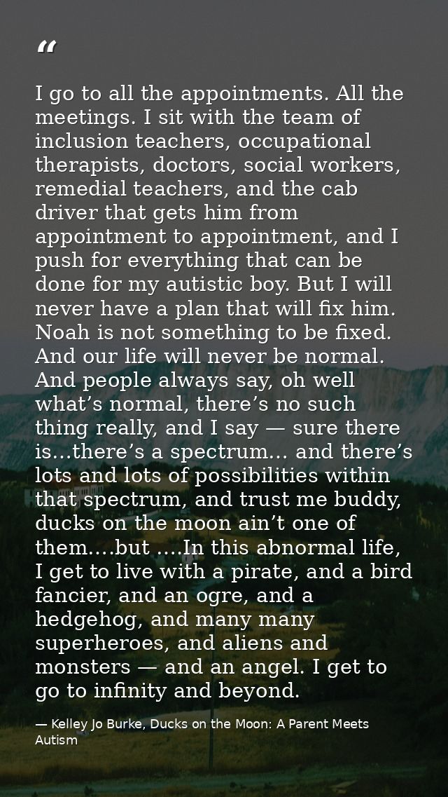 I go to all the appointments. All the meetings. I sit with the team of inclusion teachers, occupational therapists, doct — Kelley Jo Burke, Ducks on the Moon: A Parent Meets Autism