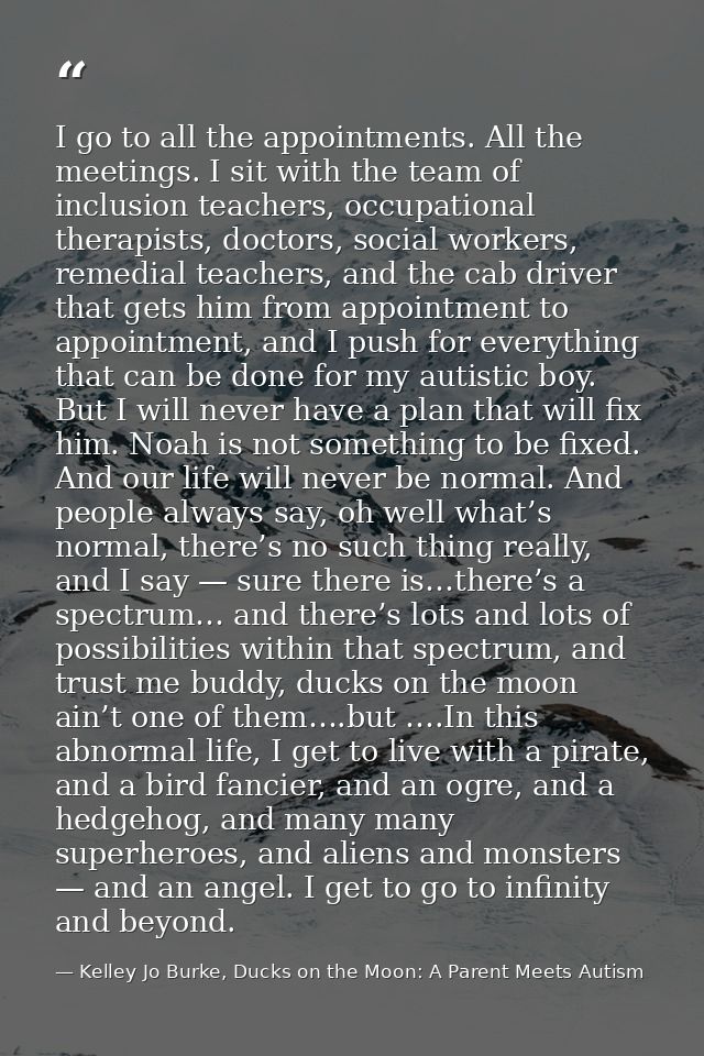 I go to all the appointments. All the meetings. I sit with the team of inclusion teachers, occupational therapists, doct — Kelley Jo Burke, Ducks on the Moon: A Parent Meets Autism