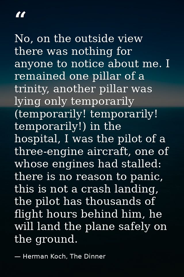 No, on the outside view there was nothing for anyone to notice about me. I remained one pillar of a trinity, another pil — Herman Koch, The Dinner