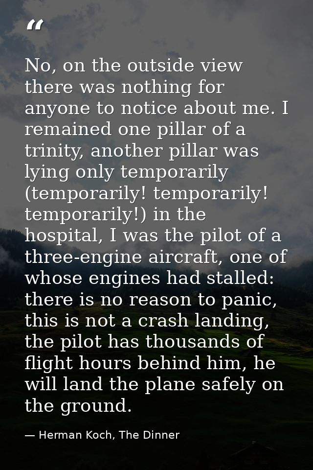 No, on the outside view there was nothing for anyone to notice about me. I remained one pillar of a trinity, another pil — Herman Koch, The Dinner