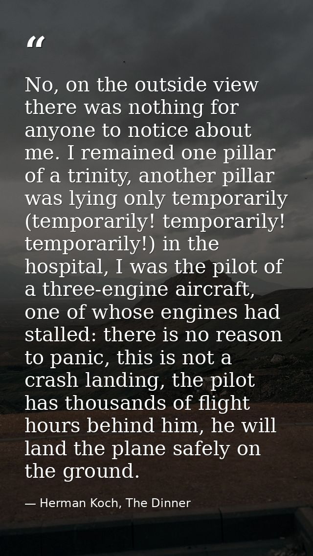 No, on the outside view there was nothing for anyone to notice about me. I remained one pillar of a trinity, another pil — Herman Koch, The Dinner