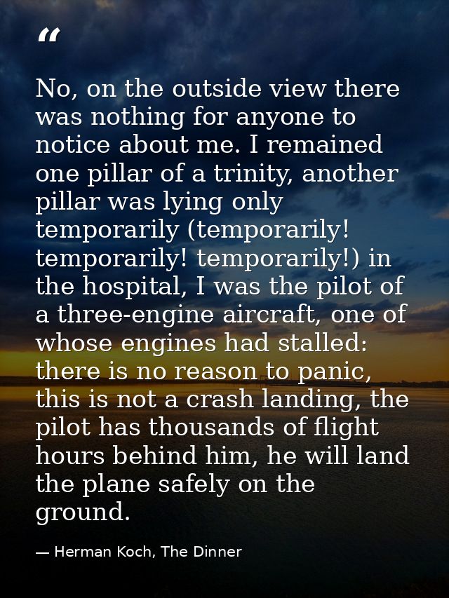 No, on the outside view there was nothing for anyone to notice about me. I remained one pillar of a trinity, another pil — Herman Koch, The Dinner