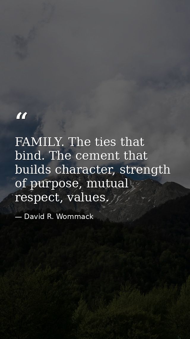FAMILY. The ties that bind. The cement that builds character, strength of purpose, mutual respect, values. — David R. Wommack