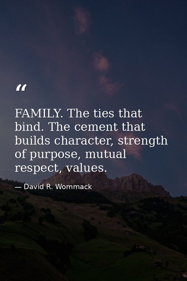 FAMILY. The ties that bind. The cement that builds character, strength of purpose, mutual respect, values. — David R. Wommack