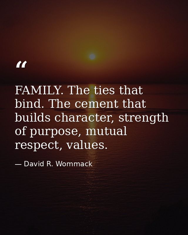 FAMILY. The ties that bind. The cement that builds character, strength of purpose, mutual respect, values. — David R. Wommack