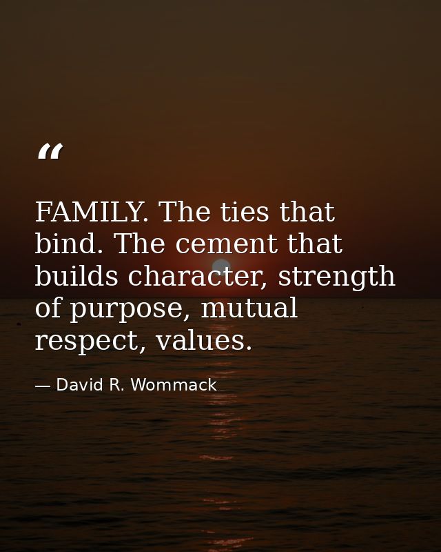 FAMILY. The ties that bind. The cement that builds character, strength of purpose, mutual respect, values. — David R. Wommack
