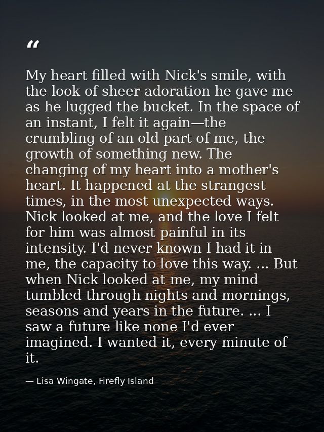 My heart filled with Nick's smile, with the look of sheer adoration he gave me as he lugged the bucket. In the space of  — Lisa Wingate, Firefly Island