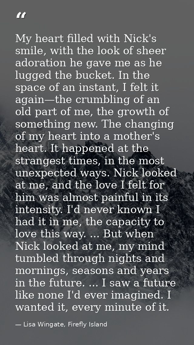My heart filled with Nick's smile, with the look of sheer adoration he gave me as he lugged the bucket. In the space of  — Lisa Wingate, Firefly Island