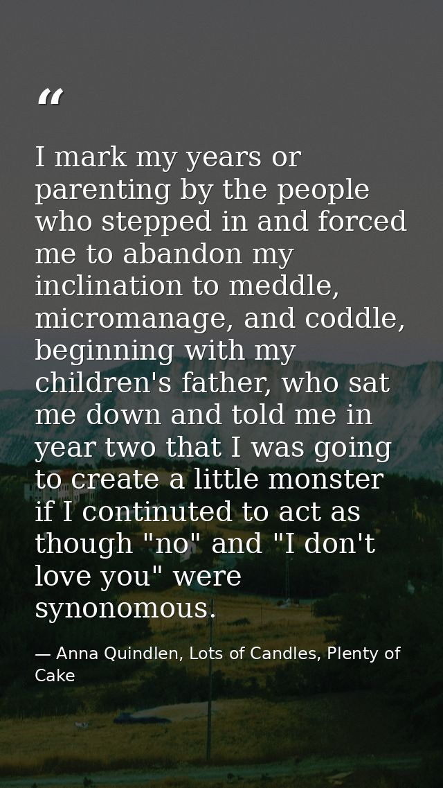 I mark my years or parenting by the people who stepped in and forced me to abandon my inclination to meddle, micromanage — Anna Quindlen, Lots of Candles, Plenty of Cake