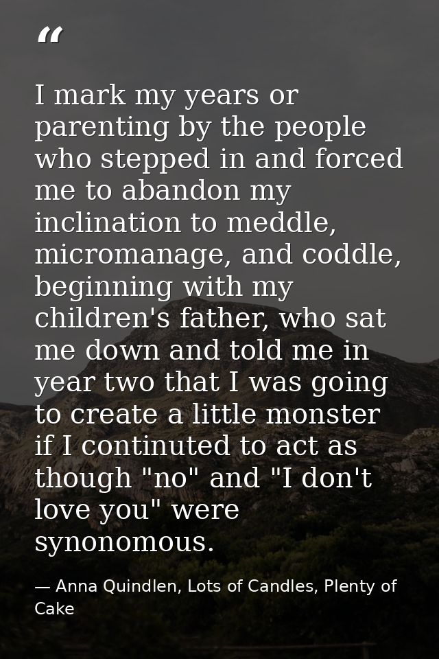I mark my years or parenting by the people who stepped in and forced me to abandon my inclination to meddle, micromanage — Anna Quindlen, Lots of Candles, Plenty of Cake