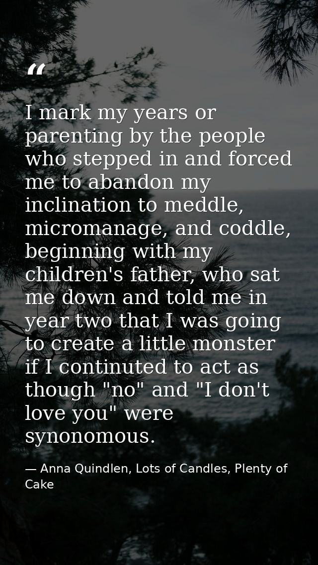 I mark my years or parenting by the people who stepped in and forced me to abandon my inclination to meddle, micromanage — Anna Quindlen, Lots of Candles, Plenty of Cake