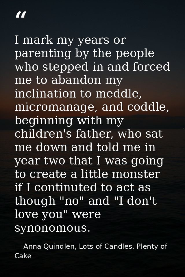 I mark my years or parenting by the people who stepped in and forced me to abandon my inclination to meddle, micromanage — Anna Quindlen, Lots of Candles, Plenty of Cake
