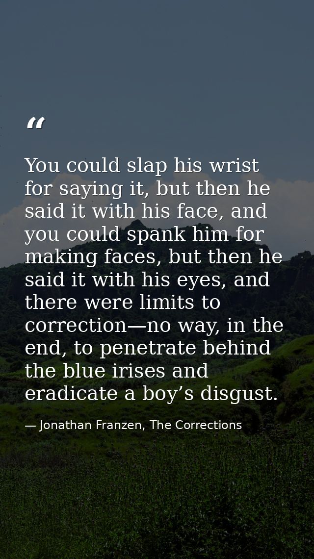 You could slap his wrist for saying it, but then he said it with his face, and you could spank him for making faces, but — Jonathan Franzen, The Corrections