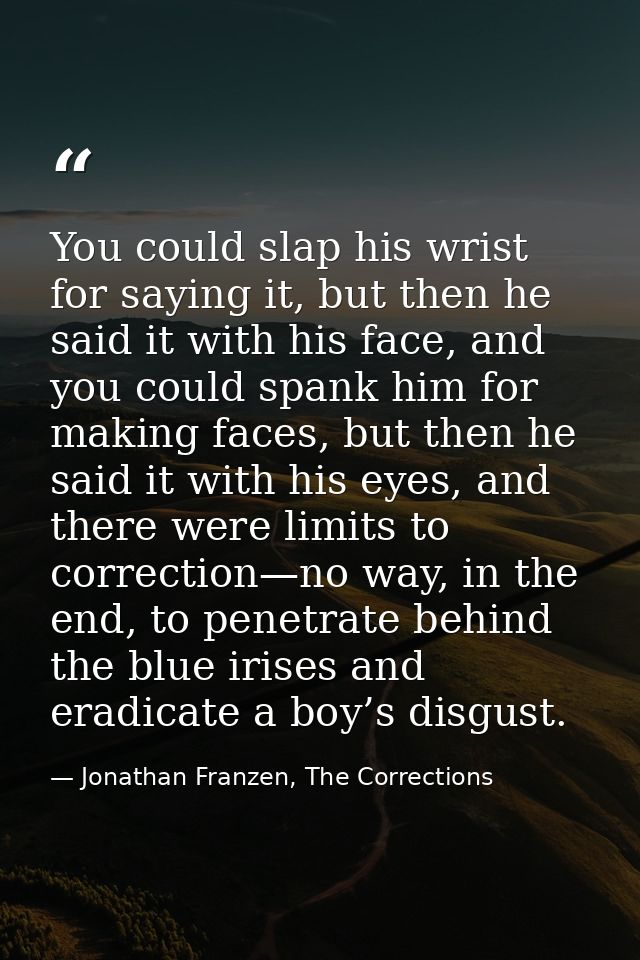 You could slap his wrist for saying it, but then he said it with his face, and you could spank him for making faces, but — Jonathan Franzen, The Corrections