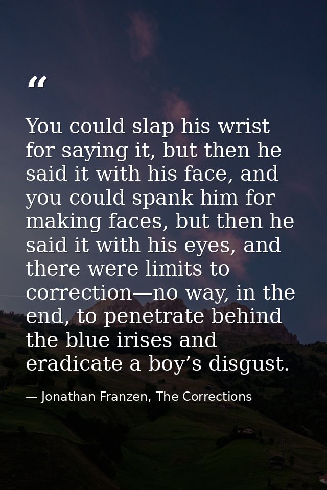 You could slap his wrist for saying it, but then he said it with his face, and you could spank him for making faces, but — Jonathan Franzen, The Corrections