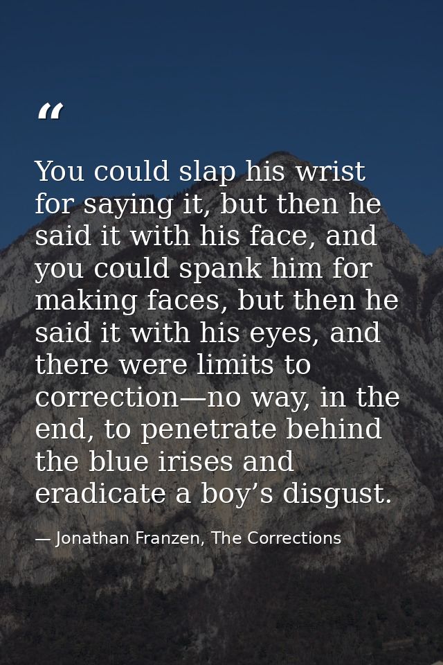 You could slap his wrist for saying it, but then he said it with his face, and you could spank him for making faces, but — Jonathan Franzen, The Corrections