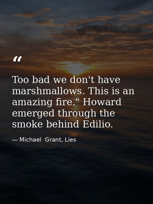 Too bad we don't have marshmallows. This is an amazing fire." Howard emerged through the smoke behind Edilio. — Michael  Grant, Lies