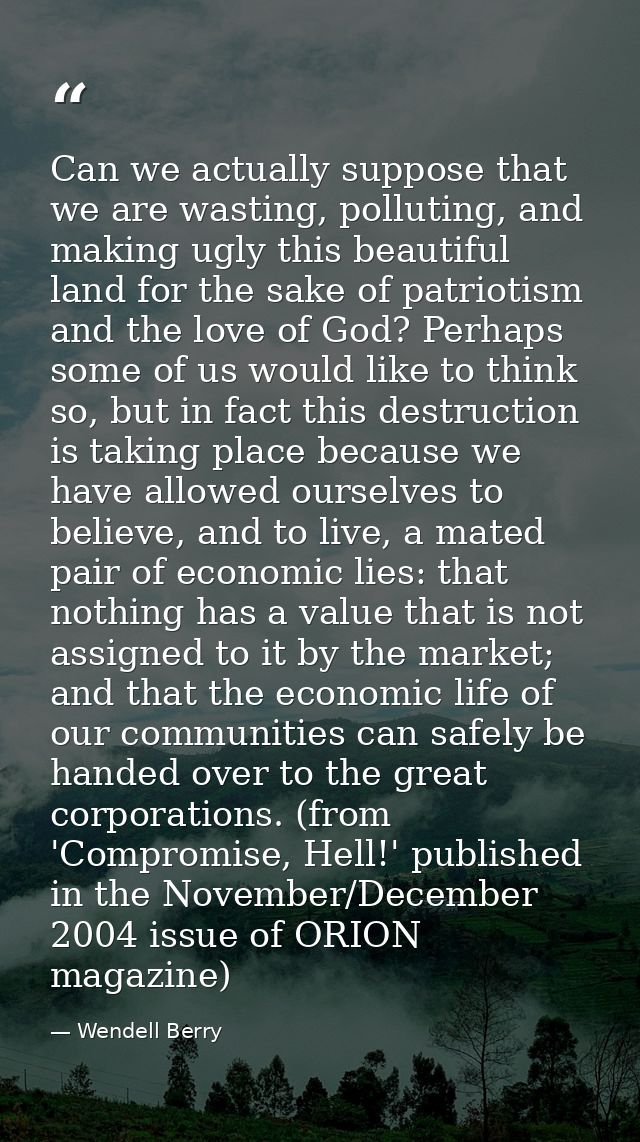 Can we actually suppose that we are wasting, polluting, and making ugly this beautiful land for the sake of patriotism a — Wendell Berry