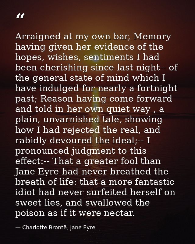 Arraigned at my own bar, Memory having given her evidence of the hopes, wishes, sentiments I had been cherishing since l — Charlotte Brontë, Jane Eyre