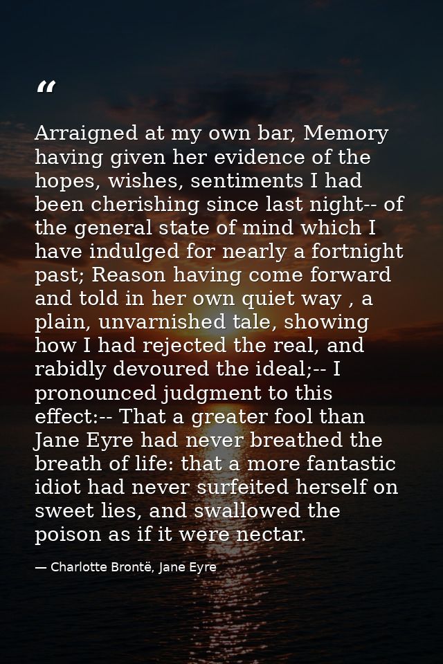 Arraigned at my own bar, Memory having given her evidence of the hopes, wishes, sentiments I had been cherishing since l — Charlotte Brontë, Jane Eyre