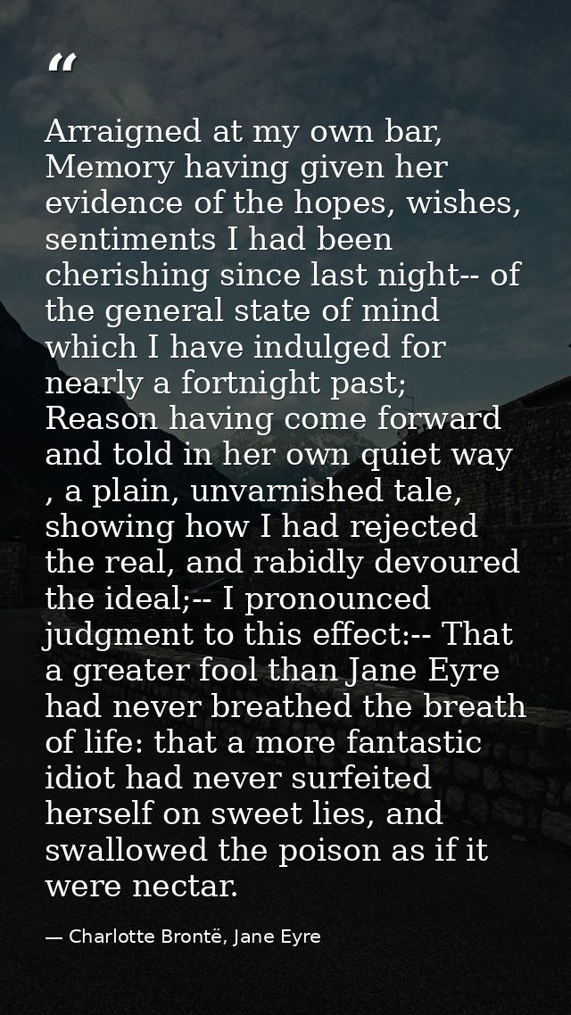 Arraigned at my own bar, Memory having given her evidence of the hopes, wishes, sentiments I had been cherishing since l — Charlotte Brontë, Jane Eyre