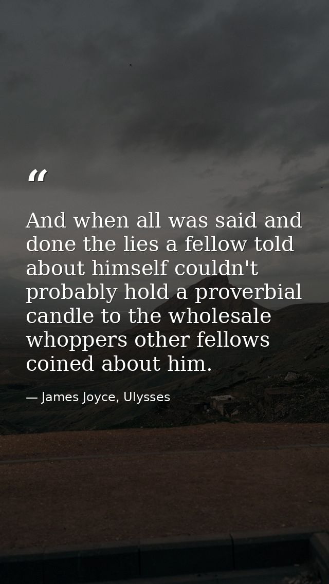 And when all was said and done the lies a fellow told about himself couldn't probably hold a proverbial candle to the wh — James Joyce, Ulysses