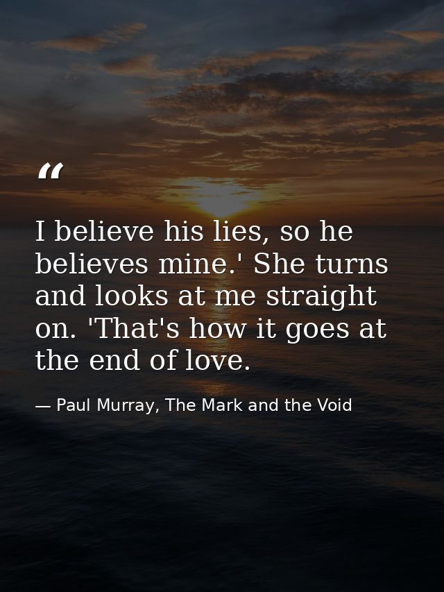 I believe his lies, so he believes mine.' She turns and looks at me straight on. 'That's how it goes at the end of love. — Paul Murray, The Mark and the Void