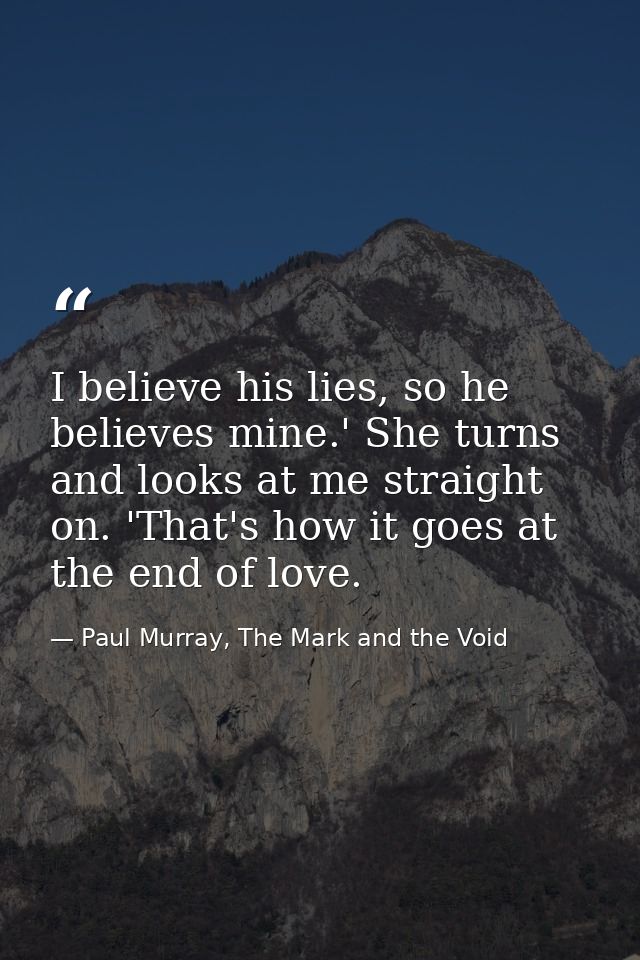 I believe his lies, so he believes mine.' She turns and looks at me straight on. 'That's how it goes at the end of love. — Paul Murray, The Mark and the Void