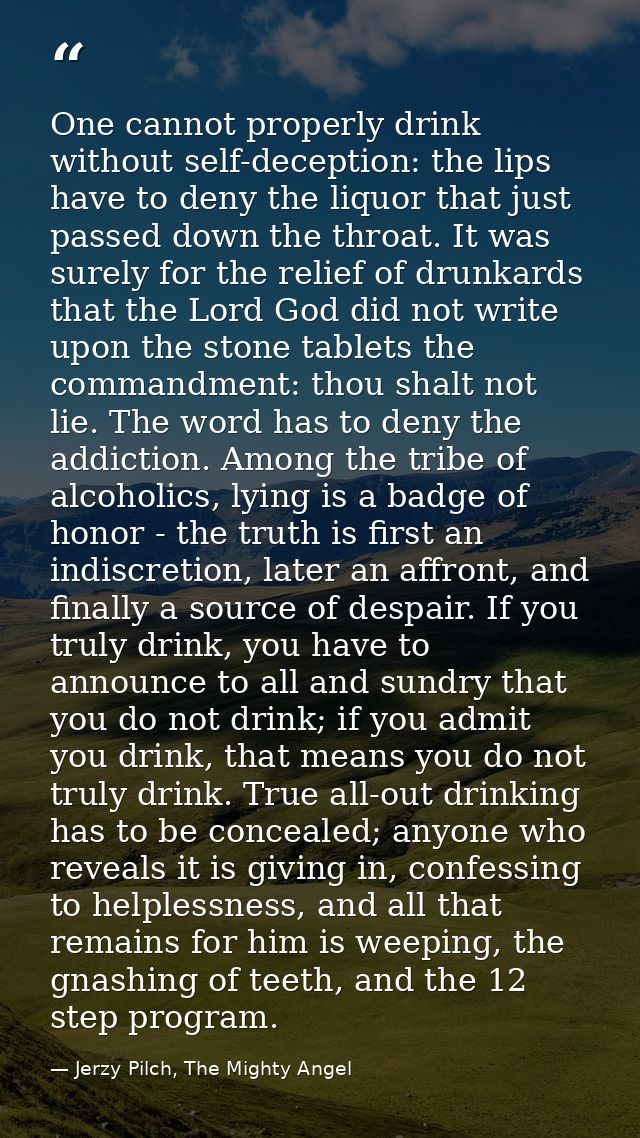 One cannot properly drink without self-deception: the lips have to deny the liquor that just passed down the throat. It  — Jerzy Pilch, The Mighty Angel