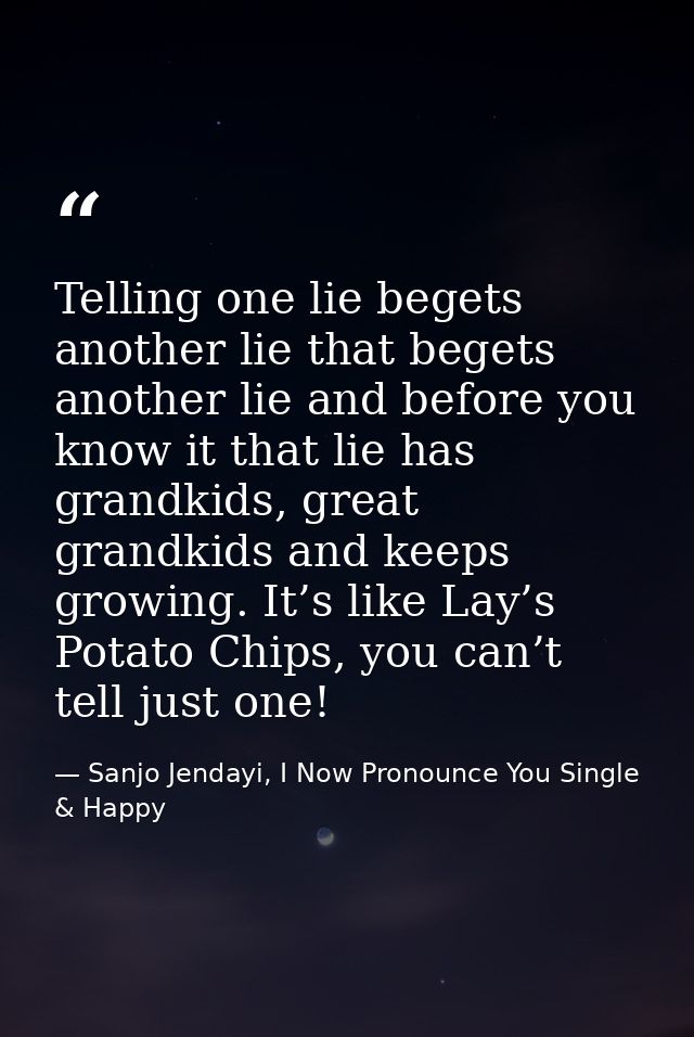 Telling one lie begets another lie that begets another lie and before you know it that lie has grandkids, great grandkid — Sanjo Jendayi, I Now Pronounce You Single & Happy