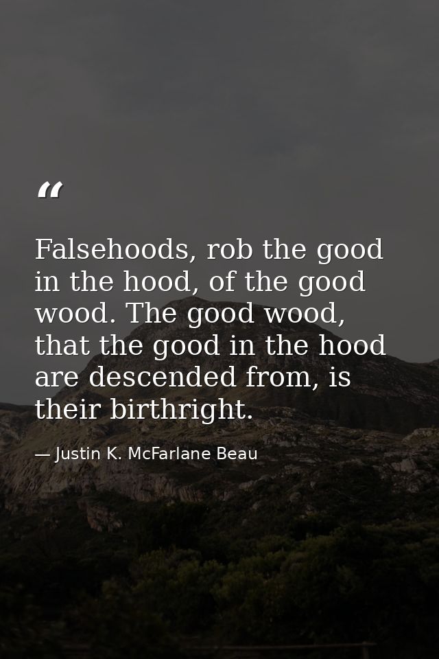 Falsehoods, rob the good in the hood, of the good wood. The good wood, that the good in the hood are descended from, is  — Justin K. McFarlane Beau