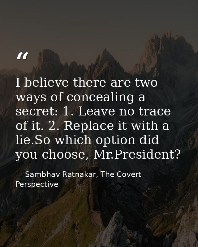 I believe there are two ways of concealing a secret: 1. Leave no trace of it. 2. Replace it with a lie.So which option d — Sambhav Ratnakar, The Covert Perspective