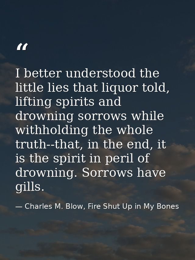 I better understood the little lies that liquor told, lifting spirits and drowning sorrows while withholding the whole t — Charles M. Blow, Fire Shut Up in My Bones