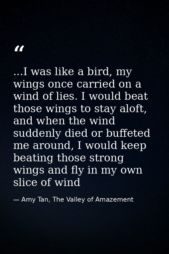 ...I was like a bird, my wings once carried on a wind of lies. I would beat those wings to stay aloft, and when the wind — Amy Tan, The Valley of Amazement