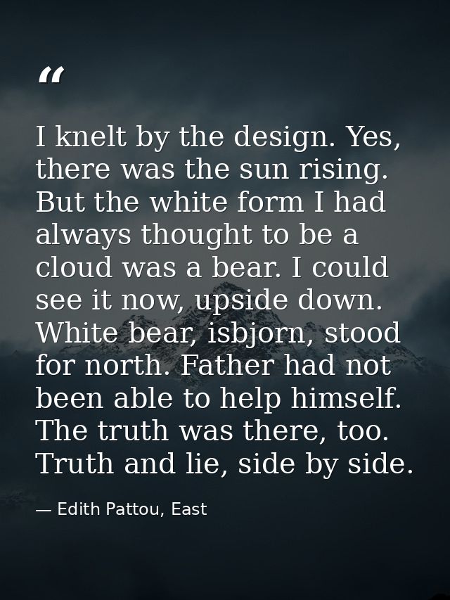 I knelt by the design. Yes, there was the sun rising. But the white form I had always thought to be a cloud was a bear.  — Edith Pattou, East