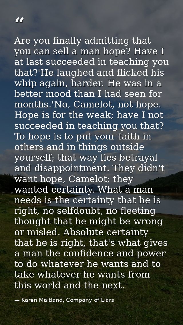 Are you finally admitting that you can sell a man hope? Have I at last succeeded in teaching you that?'He laughed and fl — Karen Maitland, Company of Liars