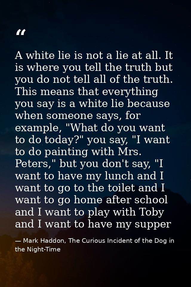 A white lie is not a lie at all. It is where you tell the truth but you do not tell all of the truth. This means that ev — Mark Haddon, The Curious Incident of the Dog in the Night-Time