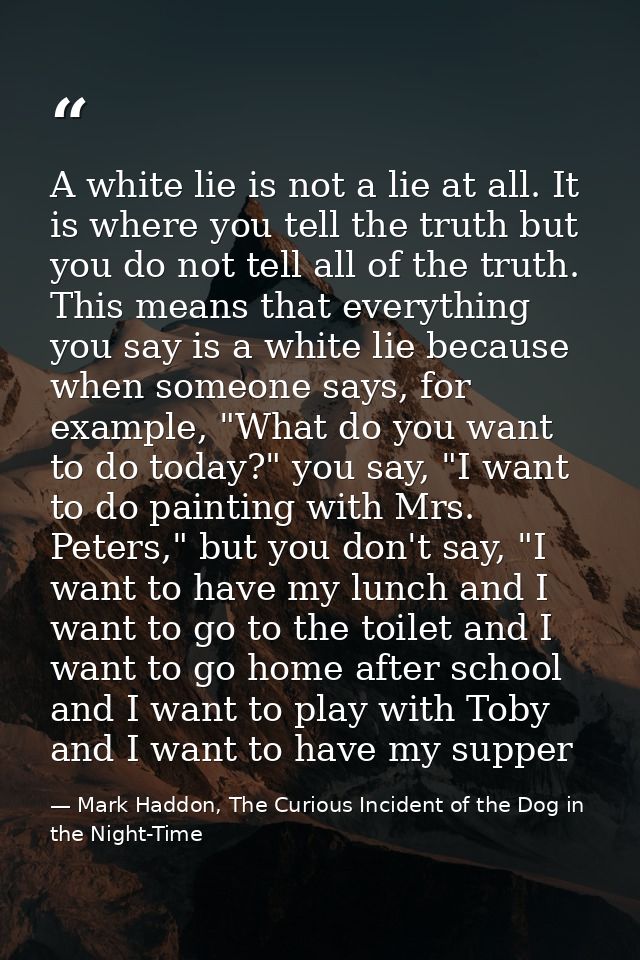 A white lie is not a lie at all. It is where you tell the truth but you do not tell all of the truth. This means that ev — Mark Haddon, The Curious Incident of the Dog in the Night-Time