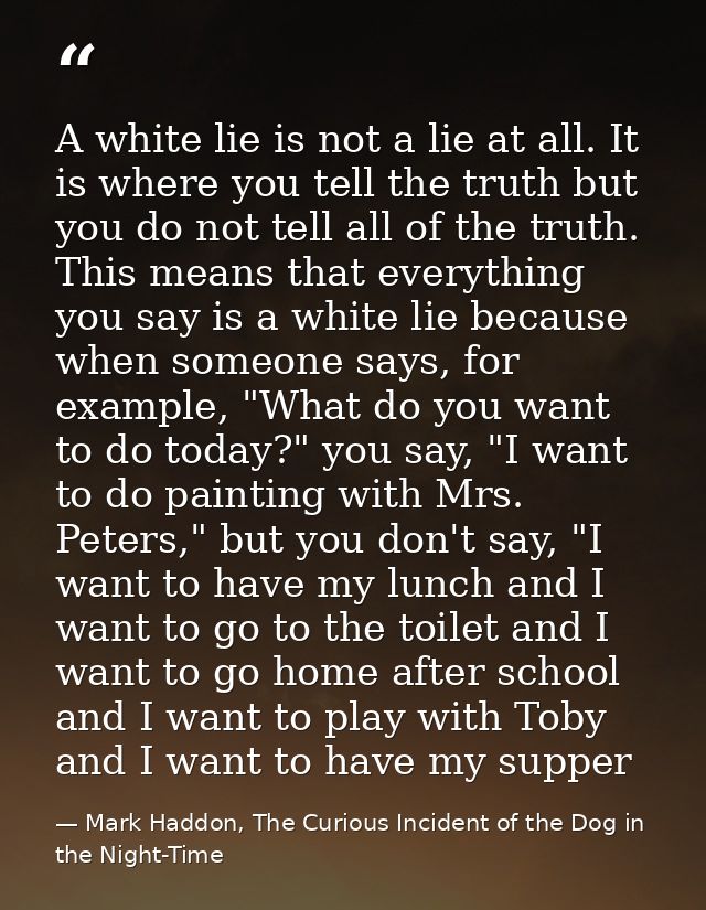 A white lie is not a lie at all. It is where you tell the truth but you do not tell all of the truth. This means that ev — Mark Haddon, The Curious Incident of the Dog in the Night-Time