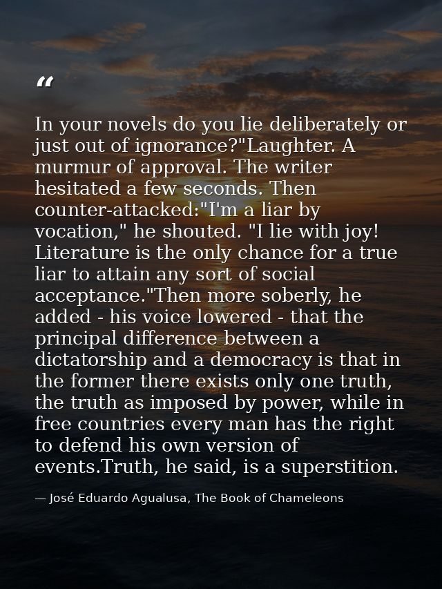In your novels do you lie deliberately or just out of ignorance?"Laughter. A murmur of approval. The writer hesitated a  — José Eduardo Agualusa, The Book of Chameleons