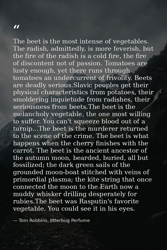 The beet is the most intense of vegetables. The radish, admittedly, is more feverish, but the fire of the radish is a co — Tom Robbins, Jitterbug Perfume